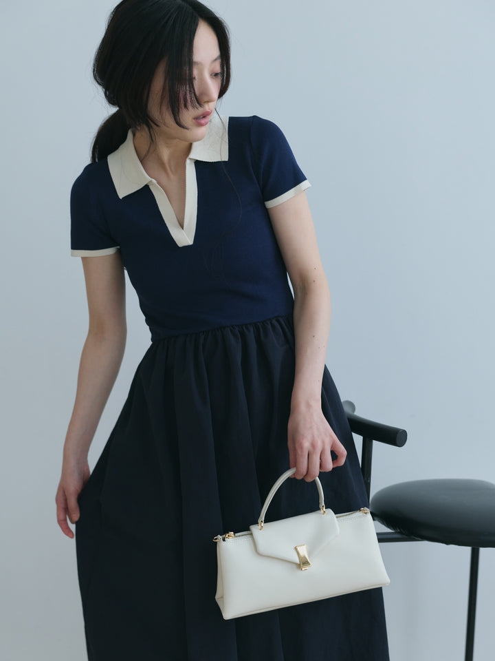 【SET】【Essential】POLO docking half sleeve one piece+【Essential】V neck shirring tiered one piece(2set)
