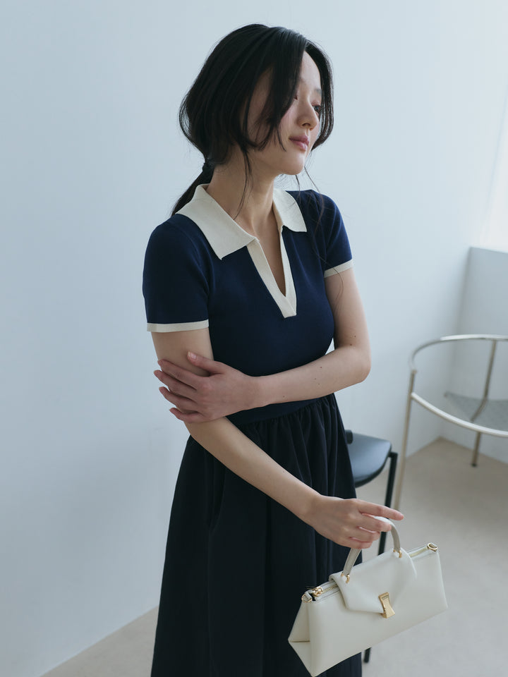 【SET】【Essential】POLO docking half sleeve one piece+【Essential】V neck shirring tiered one piece(2set)