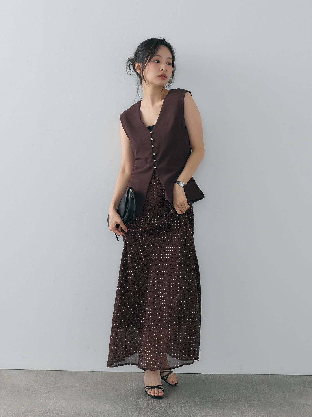【SET】カットジョーゼットVネックベスト+ドット柄シアーソフトAラインスカート(2set)