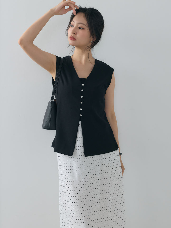【SET】カットジョーゼットVネックベスト+ドット柄シアーソフトAラインスカート(2set)