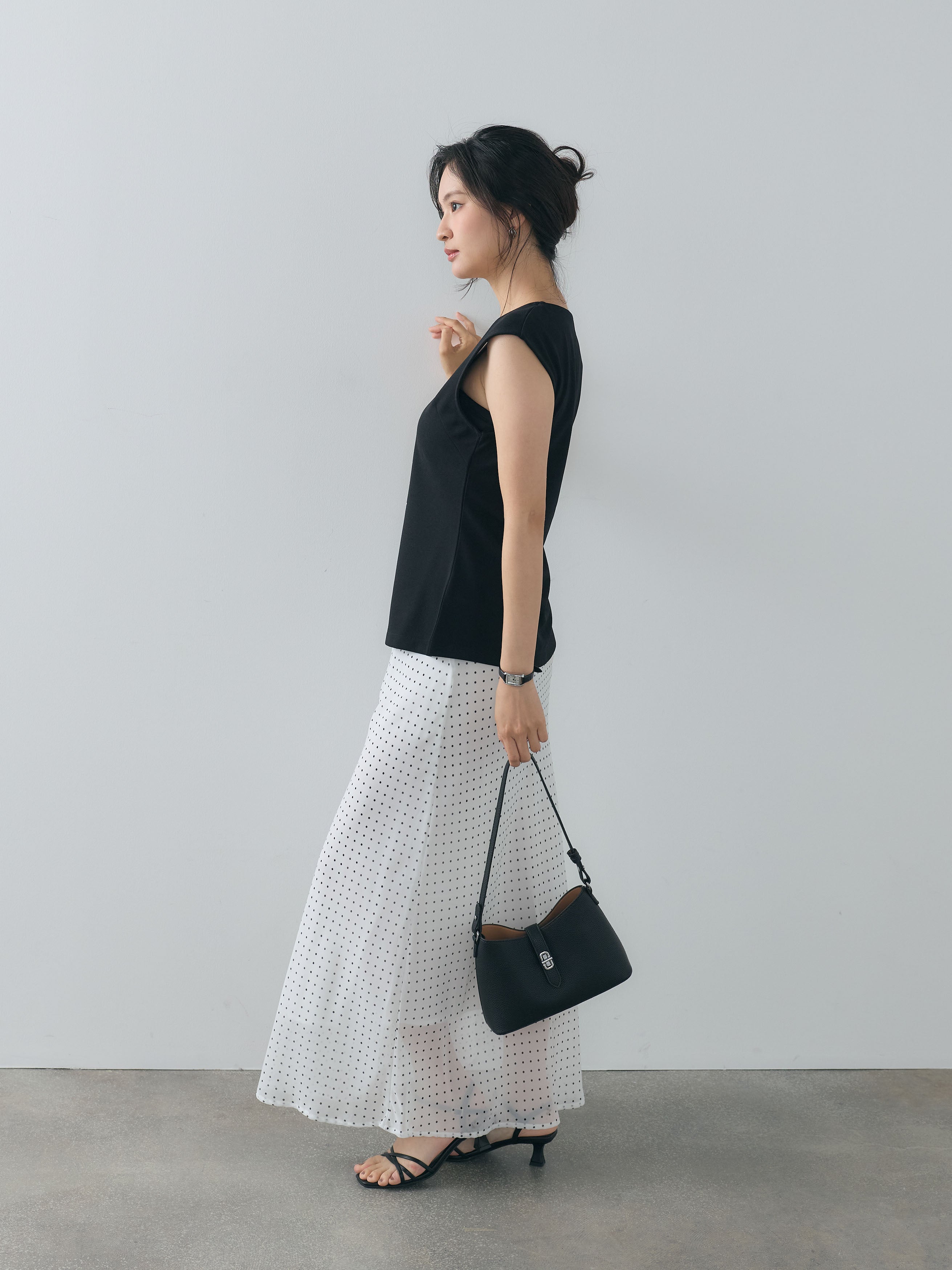 SET】カットジョーゼットVネックベスト+ドット柄シアーソフトAライン