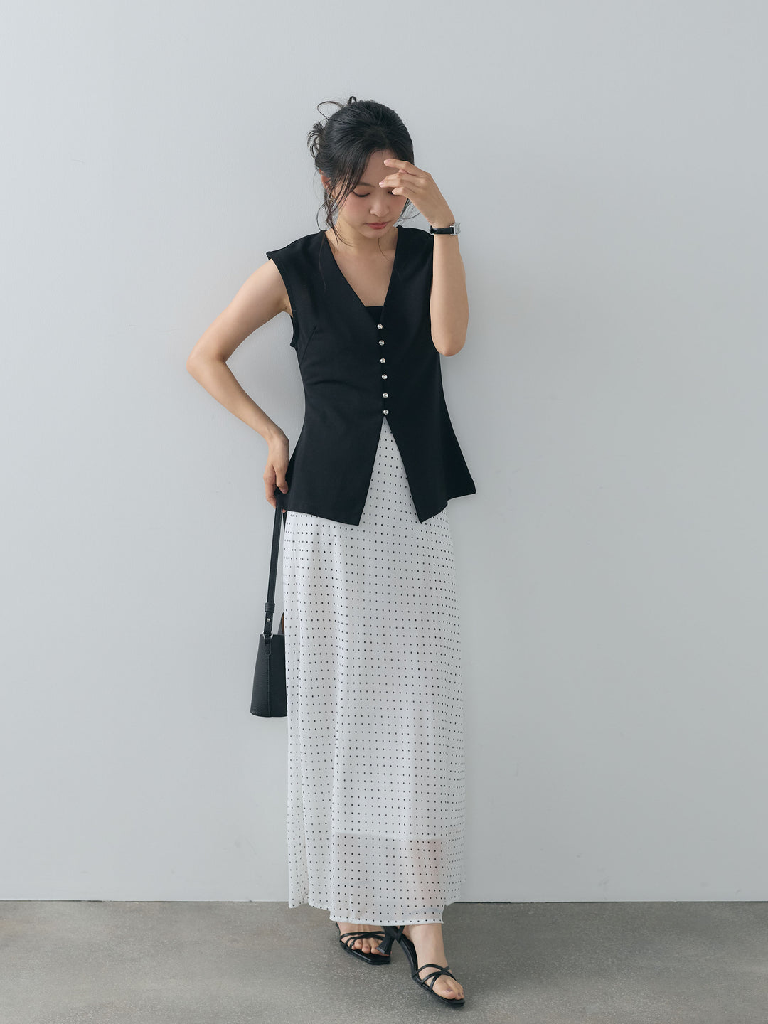 【SET】カットジョーゼットVネックベスト+ドット柄シアーソフトAラインスカート(2set)