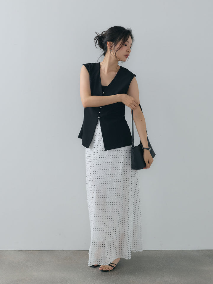 【SET】カットジョーゼットVネックベスト+ドット柄シアーソフトAラインスカート(2set)