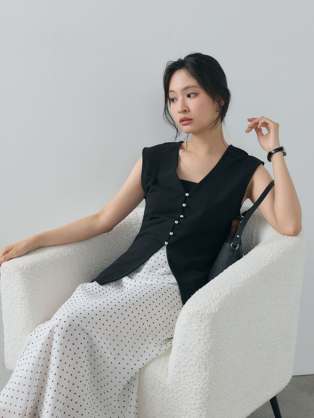 【SET】カットジョーゼットVネックベスト+ドット柄シアーソフトAラインスカート(2set)