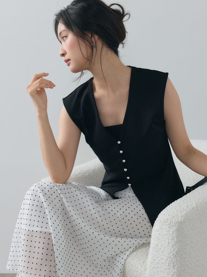 【SET】カットジョーゼットVネックベスト+ドット柄シアーソフトAラインスカート(2set)