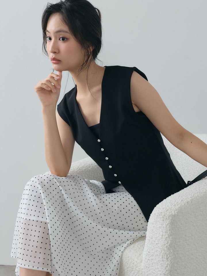 【SET】カットジョーゼットVネックベスト+ドット柄シアーソフトAラインスカート(2set)