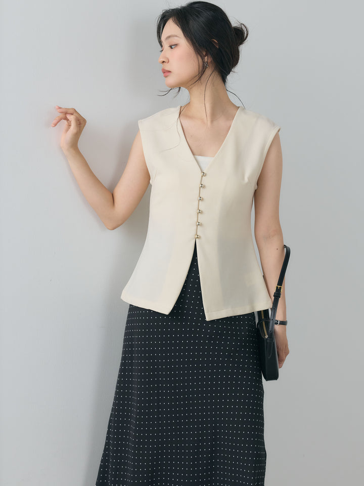 【SET】カットジョーゼットVネックベスト+ドット柄シアーソフトAラインスカート(2set)