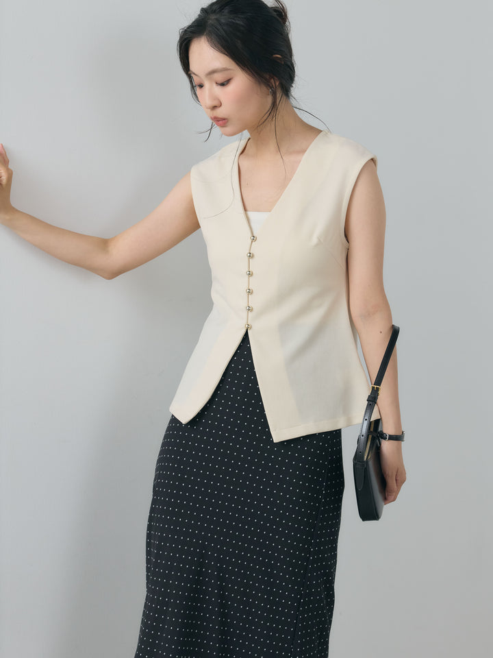 【SET】カットジョーゼットVネックベスト+ドット柄シアーソフトAラインスカート(2set)
