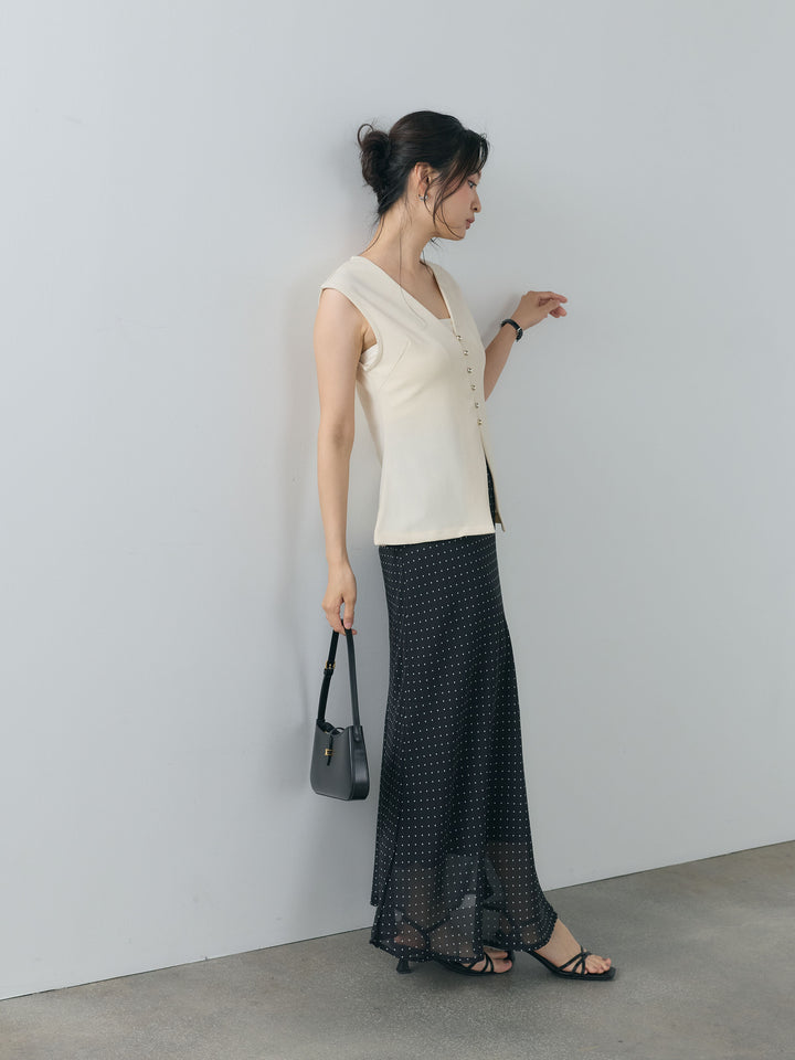 【SET】カットジョーゼットVネックベスト+ドット柄シアーソフトAラインスカート(2set)