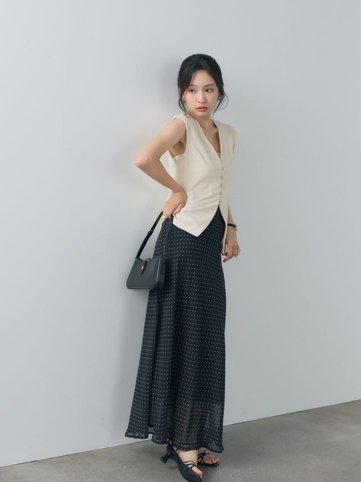 【SET】カットジョーゼットVネックベスト+ドット柄シアーソフトAラインスカート(2set)