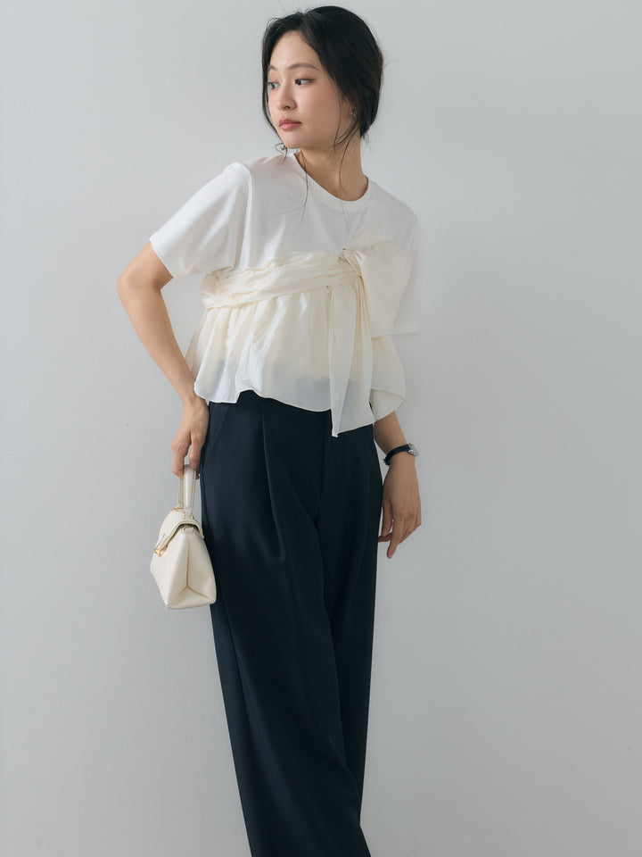 【SET】ツイストデザインナイロンドッキングTシャツ+センタープレスベーシックストレートパンツ(2set)