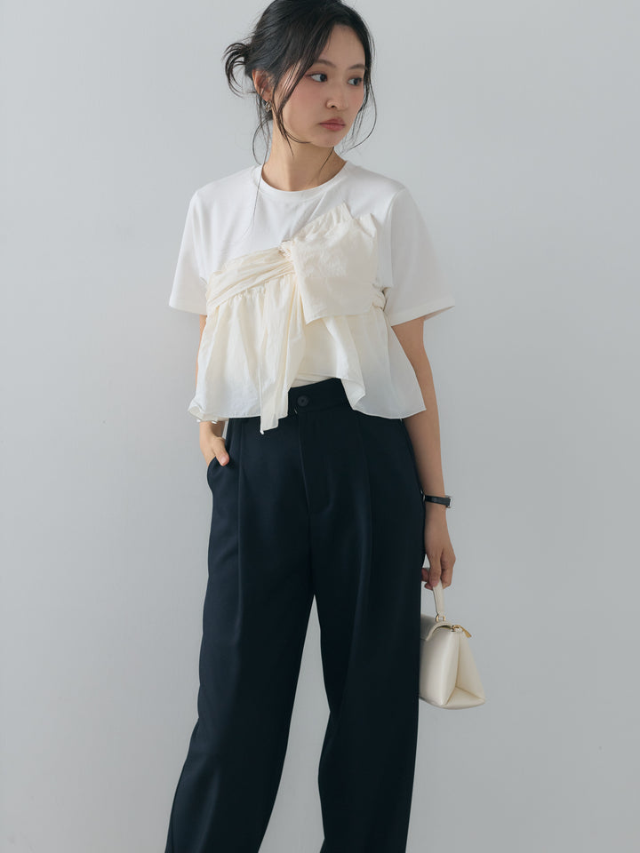 ツイストデザインナイロンドッキングTシャツ
