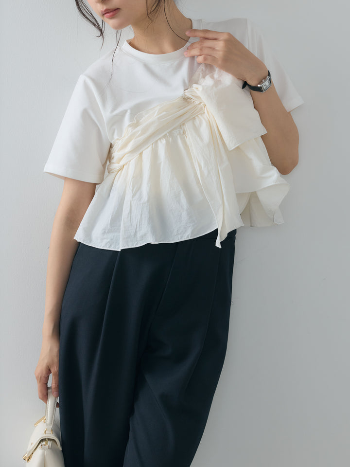 【SET】ツイストデザインナイロンドッキングTシャツ+センタープレスベーシックストレートパンツ(2set)