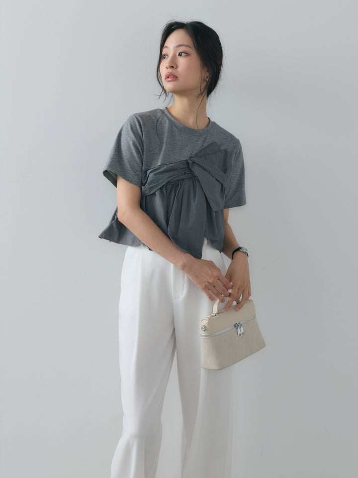 【SET】ツイストデザインナイロンドッキングTシャツ+センタープレスベーシックストレートパンツ(2set)