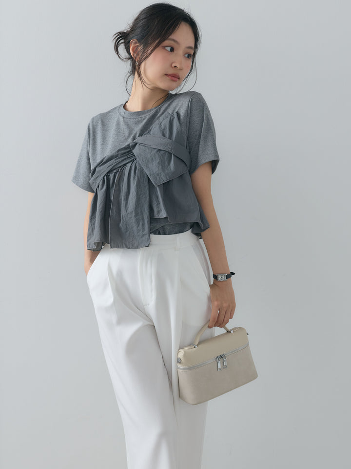 ツイストデザインナイロンドッキングTシャツ