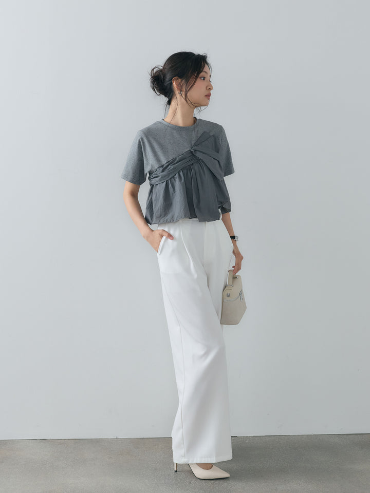 【SET】ツイストデザインナイロンドッキングTシャツ+センタープレスベーシックストレートパンツ(2set)