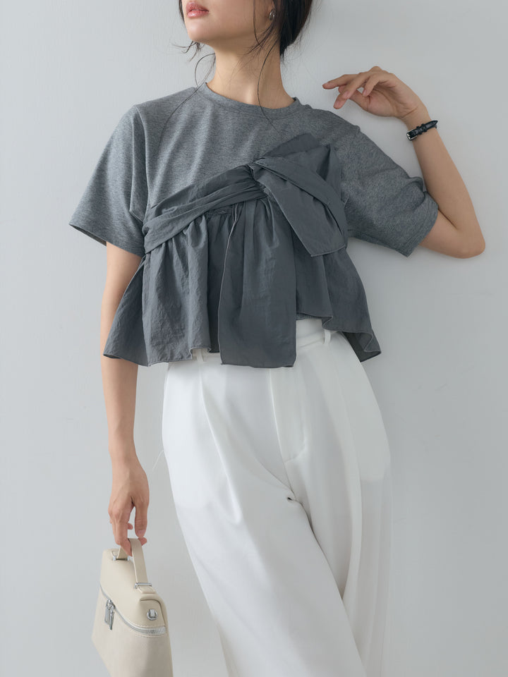【SET】ツイストデザインナイロンドッキングTシャツ+センタープレスベーシックストレートパンツ(2set)