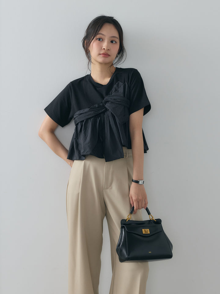 ツイストデザインナイロンドッキングTシャツ