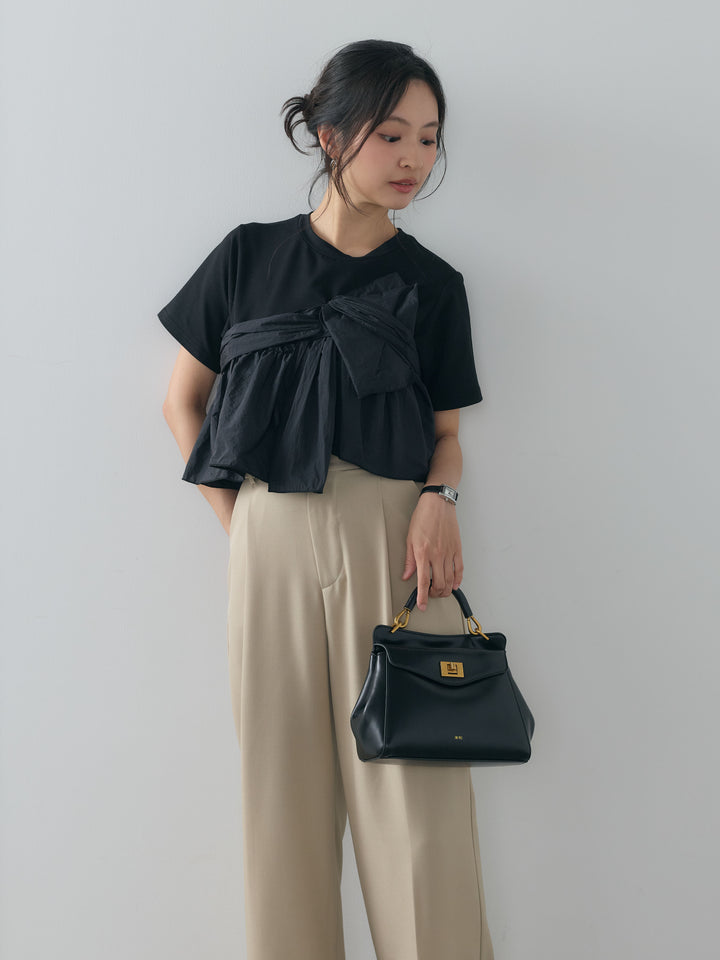 【SET】ツイストデザインナイロンドッキングTシャツ+センタープレスベーシックストレートパンツ(2set)