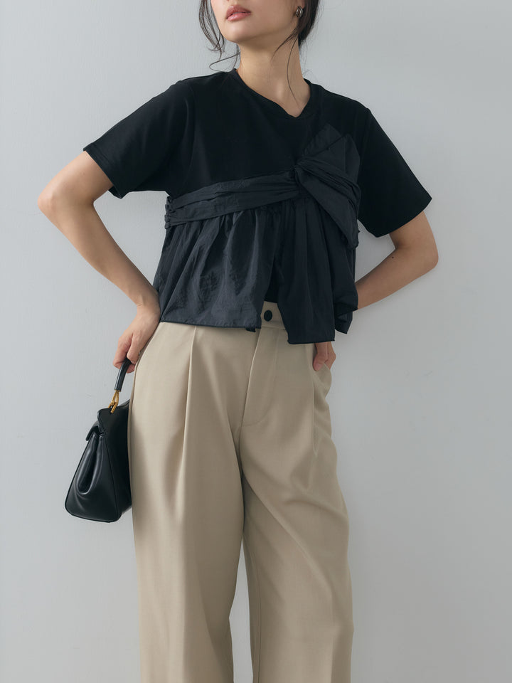 【SET】ツイストデザインナイロンドッキングTシャツ+センタープレスベーシックストレートパンツ(2set)