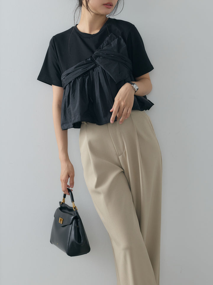 【SET】ツイストデザインナイロンドッキングTシャツ+センタープレスベーシックストレートパンツ(2set)