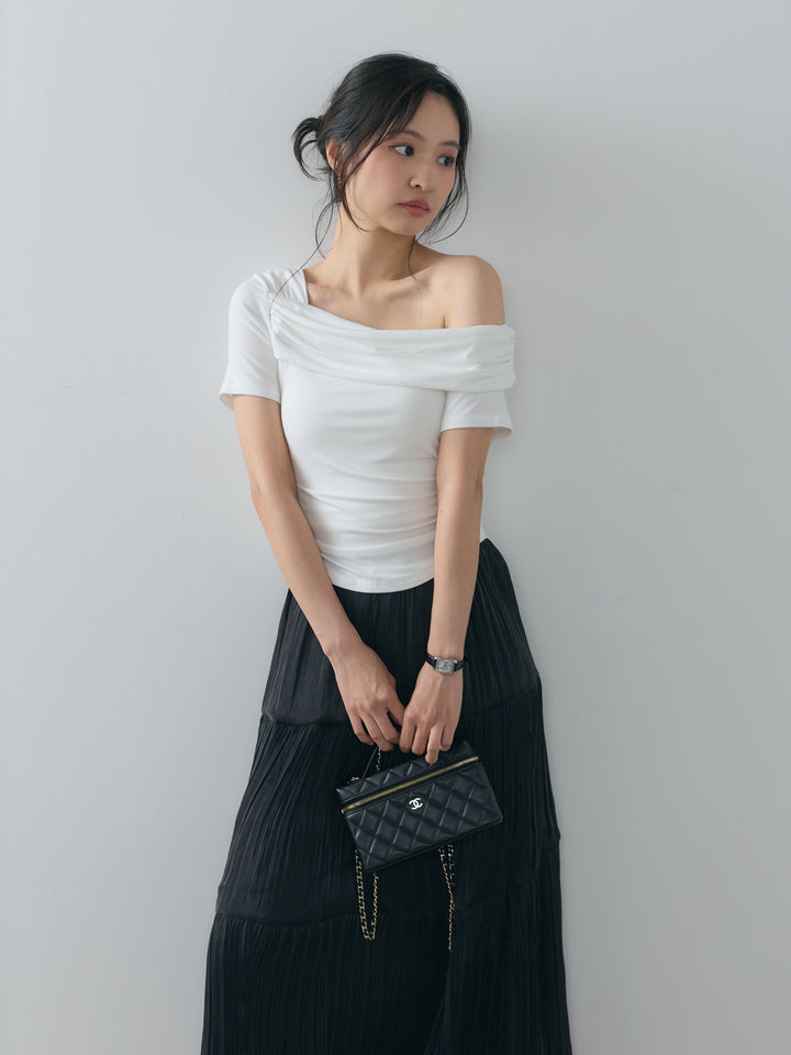 ラウンドヘムサイドギャザーワンショルスムーストップス