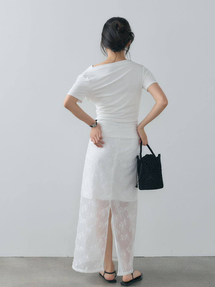 【SET】ドレープスムーストップス+スパンコール刺繍シアーバックスリットIラインスカート(2set)
