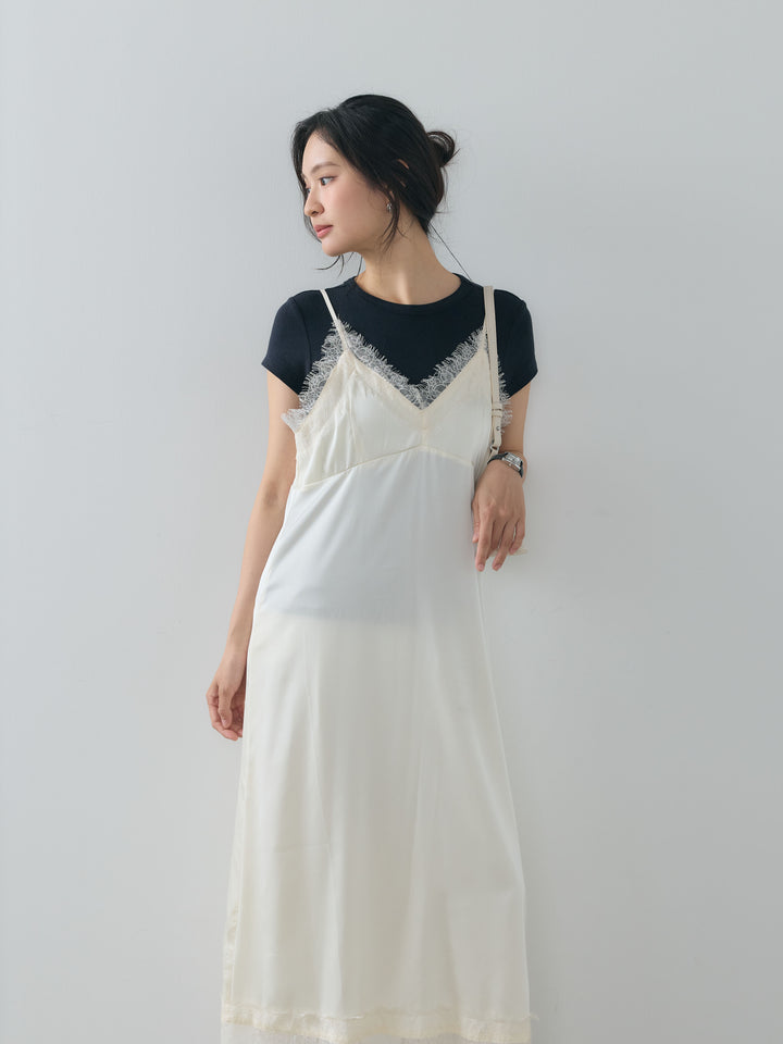 【SET】ライトサテンレーストリムキャミワンピース+クルーネックフィットTシャツ+センタープレスベーシックストレートパンツ(3set)
