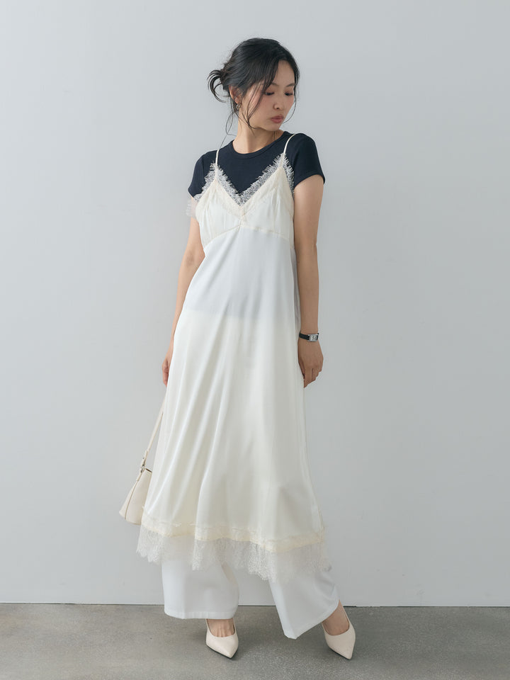 【SET】ライトサテンレーストリムキャミワンピース+クルーネックフィットTシャツ+センタープレスベーシックストレートパンツ(3set)