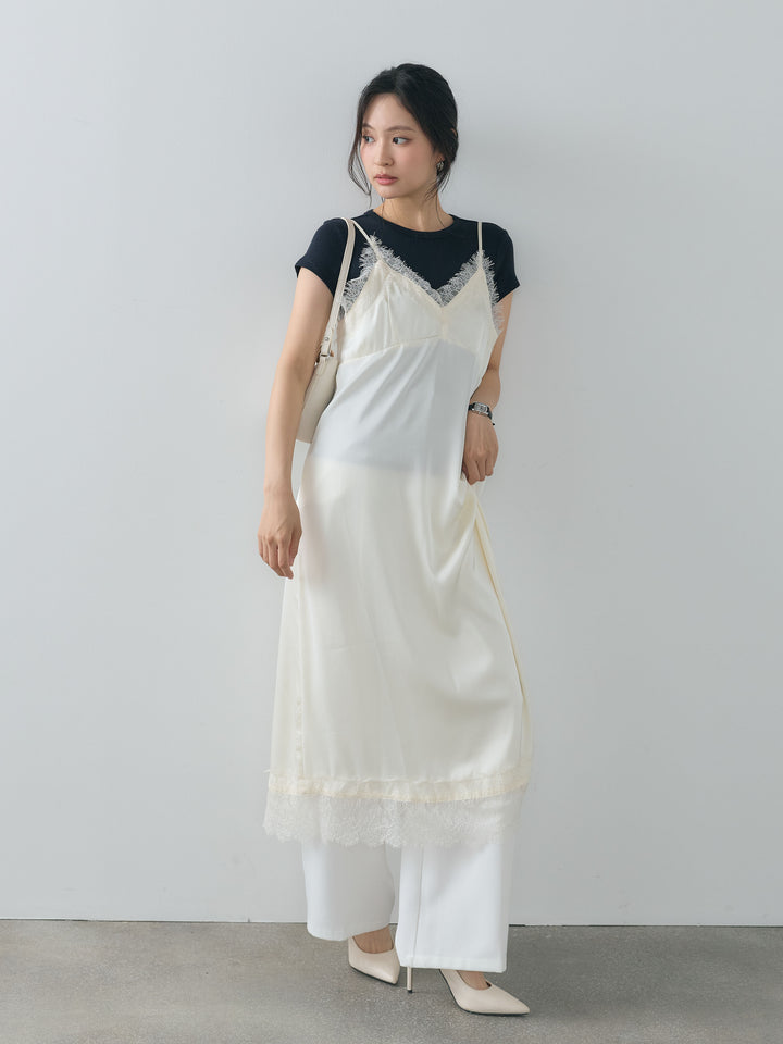【SET】ライトサテンレーストリムキャミワンピース+クルーネックフィットTシャツ+センタープレスベーシックストレートパンツ(3set)