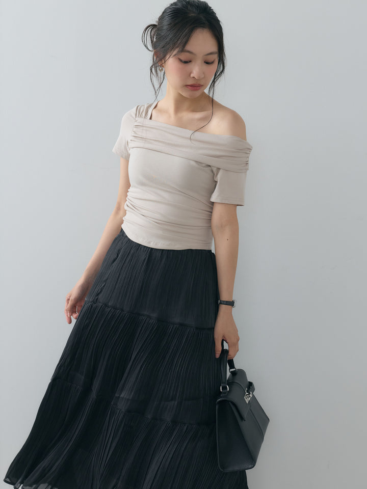 【SET】ラウンドヘムサイドギャザーワンショルスムーストップス+プリーツティアードスカート(2set)