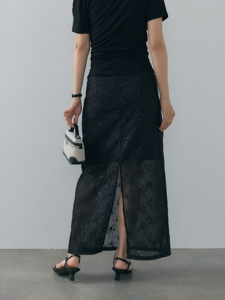 スパンコール刺繍シアーバックスリットIラインスカート