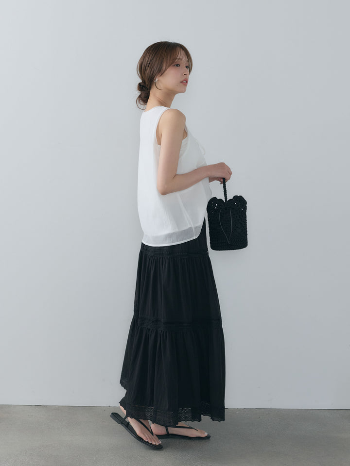 【SET】シアーレイヤードフロントリボントップス+レースディテールティアードスカート(2set)