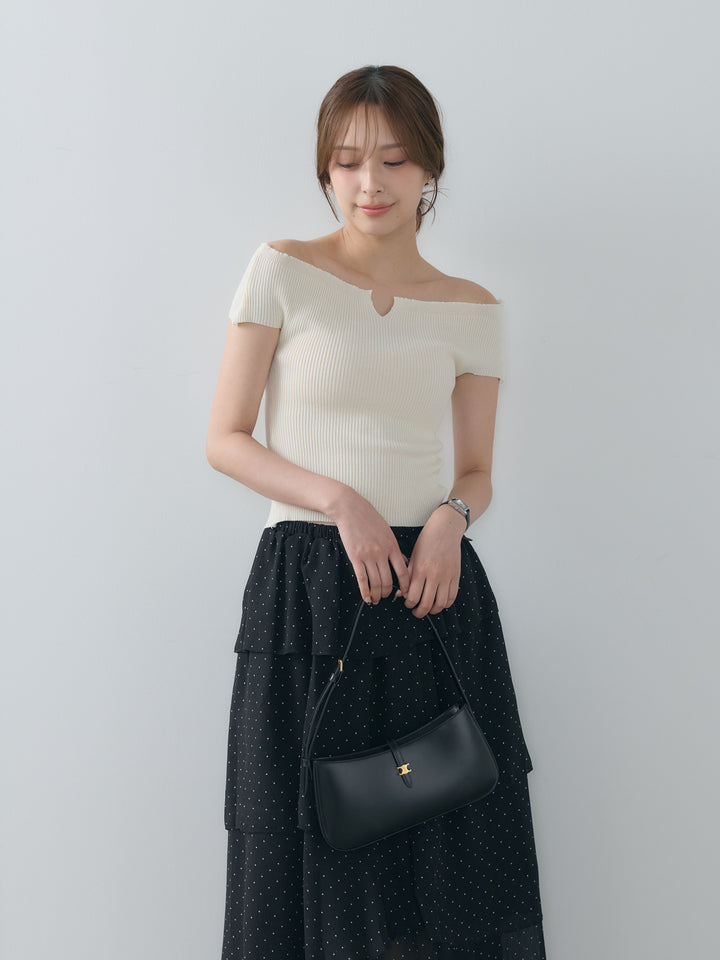 【SET】フロントポイントオフショルニットトップス+ドット柄ラッフルスカート(2set)