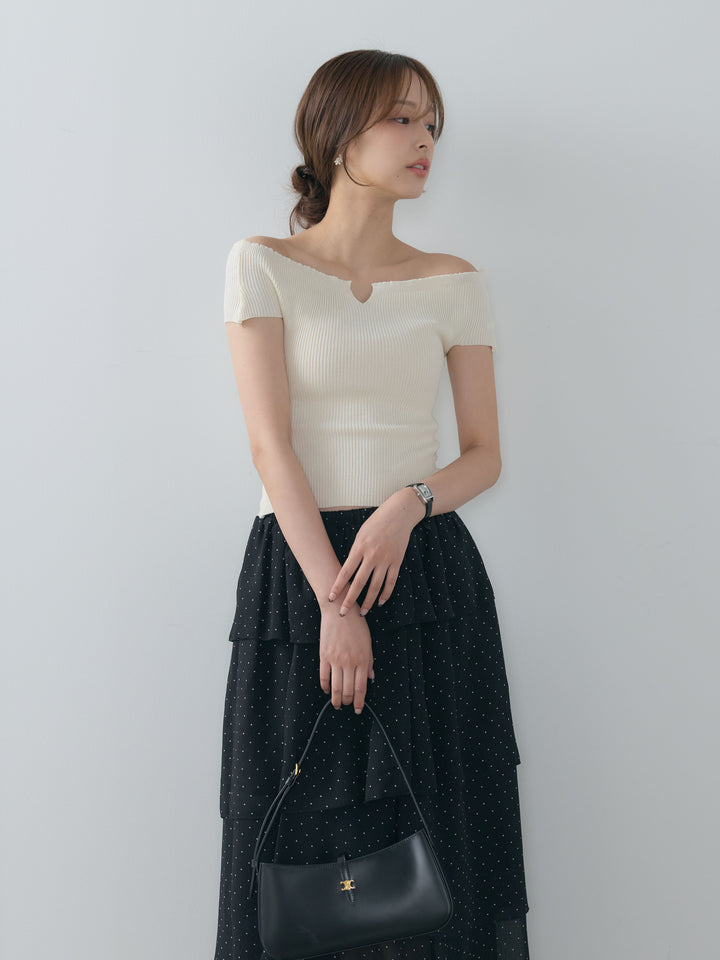 【SET】フロントポイントオフショルニットトップス+ドット柄ラッフルスカート(2set)