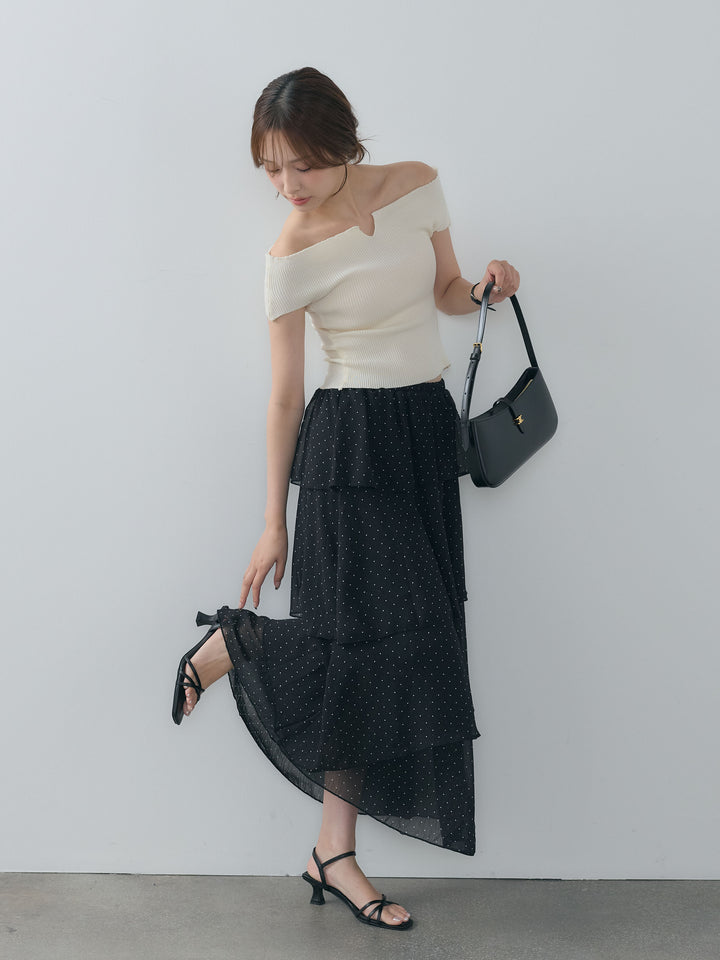 【SET】フロントポイントオフショルニットトップス+ドット柄ラッフルスカート(2set)
