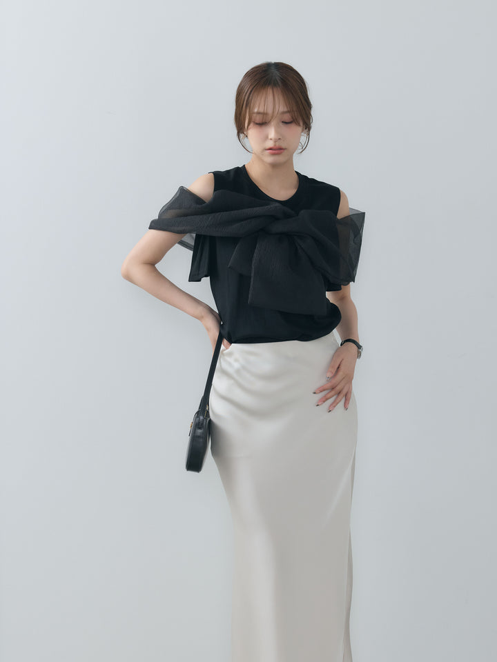 【SET】フロントシアードッキングノースリトップス+ライトサテンナロースカート(2set)