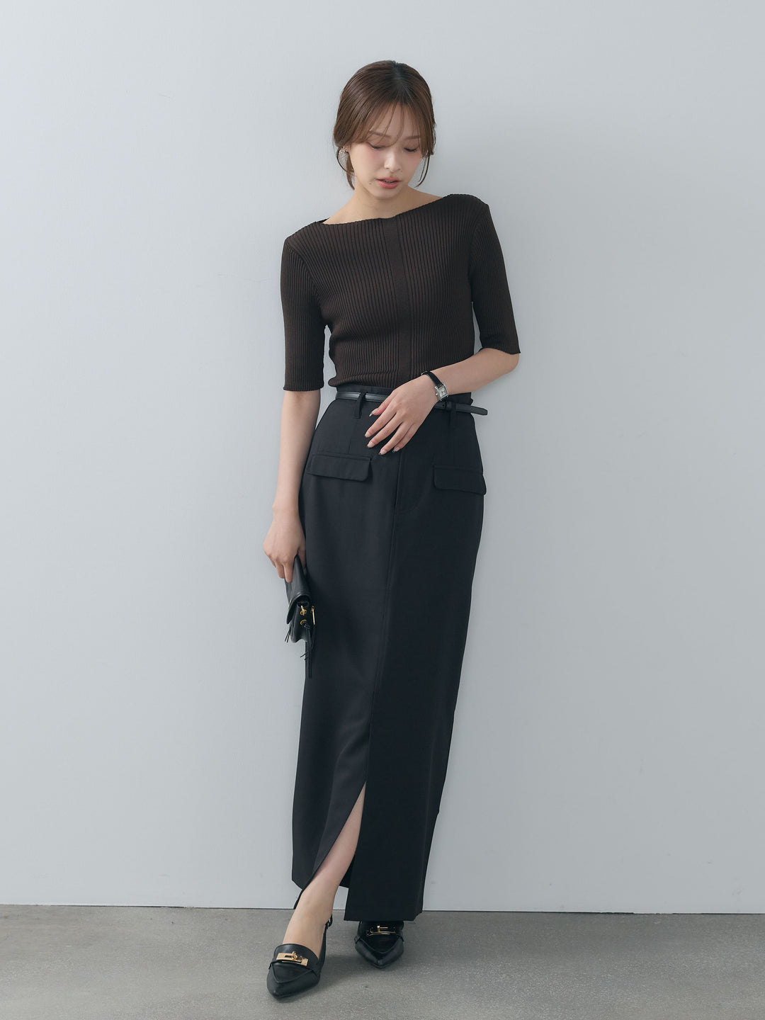 【SET】ボートネックサマーリブニット5部丈トップス+クレープデシンフラップポケット付きストレートスカート(2set)