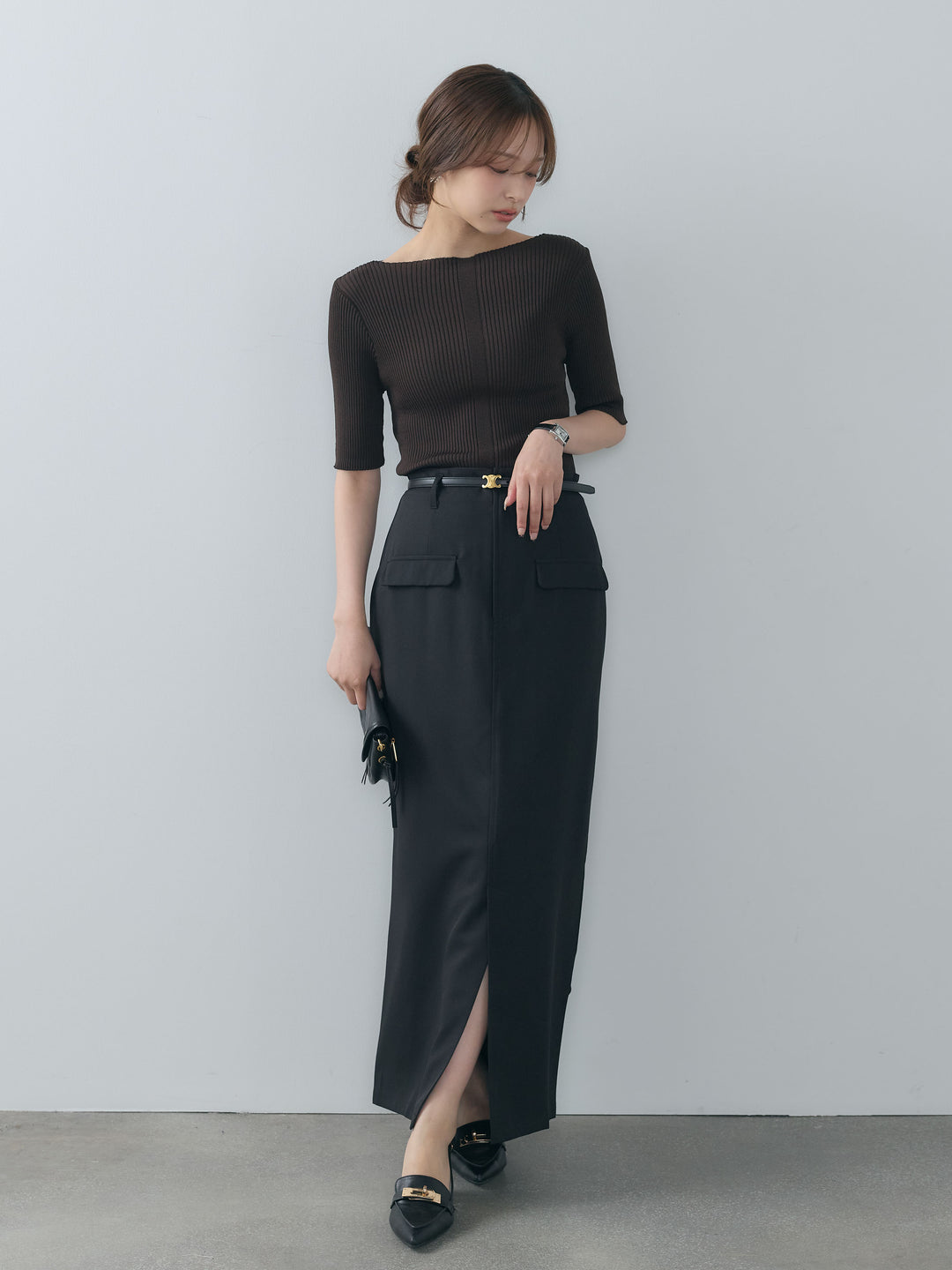 【SET】ボートネックサマーリブニット5部丈トップス+クレープデシンフラップポケット付きストレートスカート(2set)