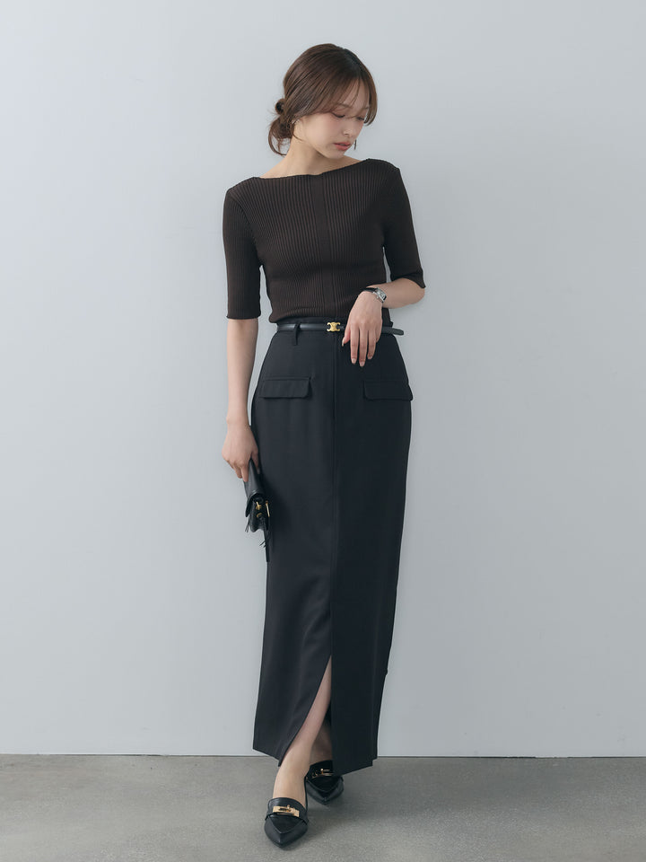 【SET】ボートネックサマーリブニット5部丈トップス+クレープデシンフラップポケット付きストレートスカート(2set)