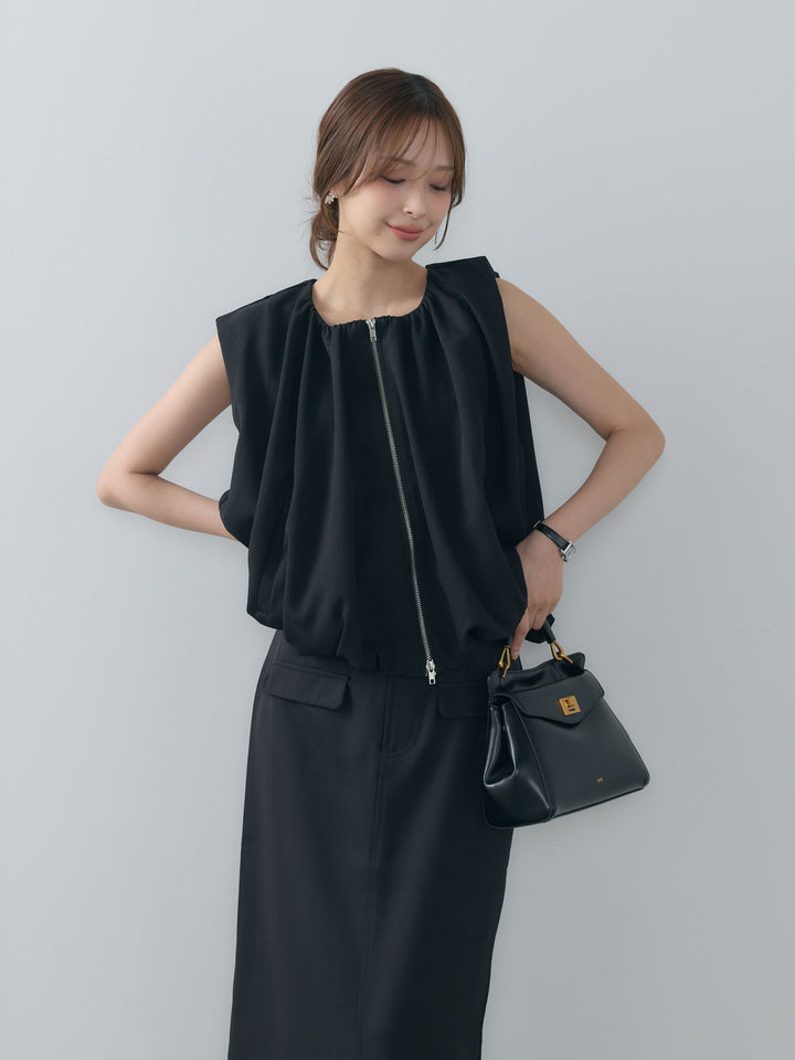 【SET】クレープデシンバルーンベスト+クレープデシンフラップポケット付きストレートスカート(2set)