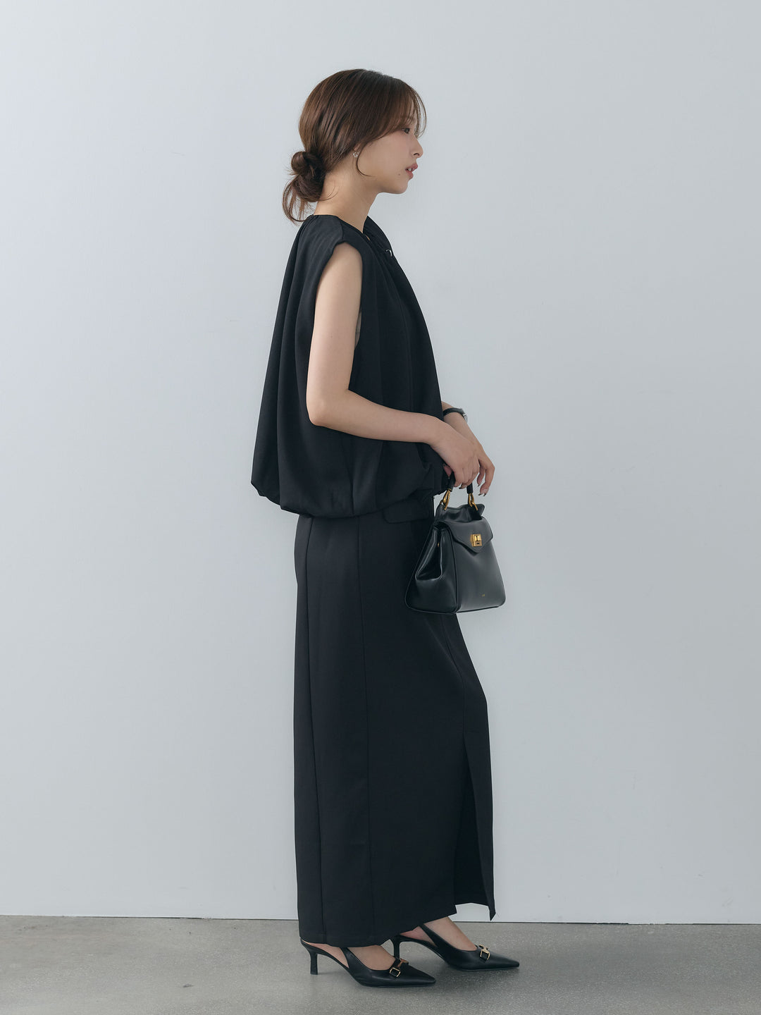 【SET】クレープデシンバルーンベスト+クレープデシンフラップポケット付きストレートスカート(2set)