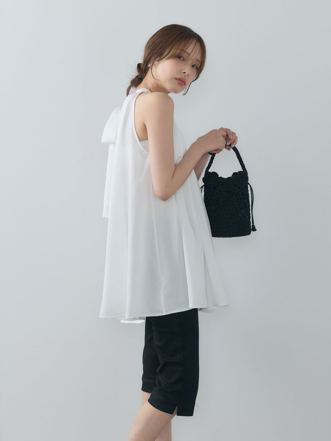 【SET】バックリボンホルターネックチュニック+ストレッチコットンカプリパンツ(2set)