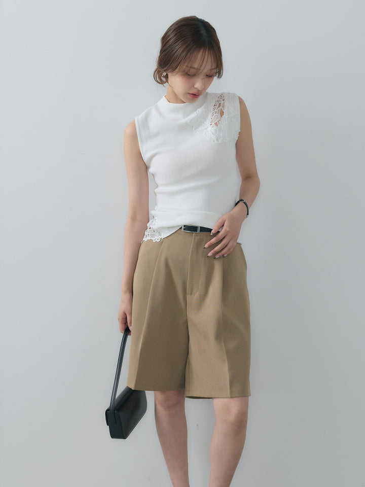 【SET】レースディテールプチハイネックノースリトップス+クレープデシンハーフパンツ(2set)