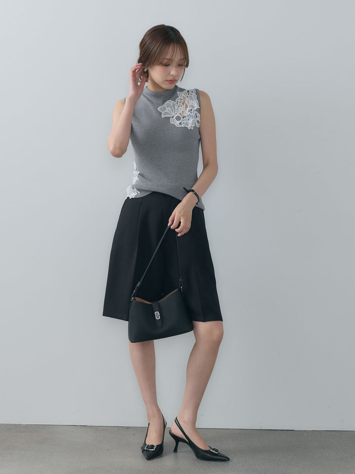 【SET】レースディテールプチハイネックノースリトップス+クレープデシンハーフパンツ(2set)