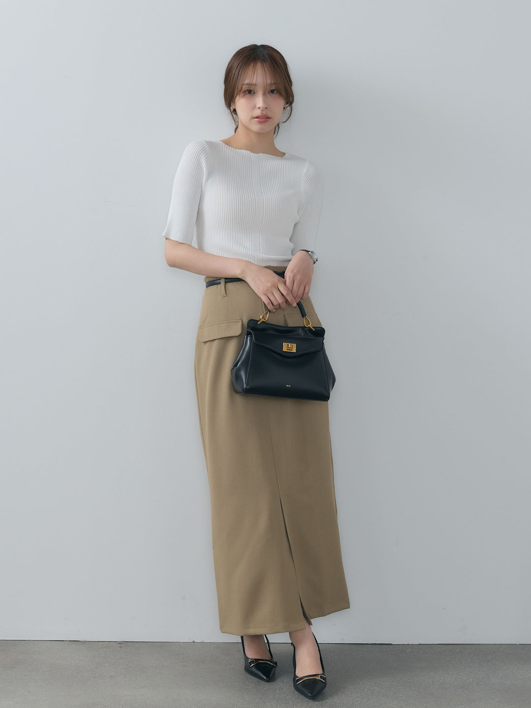 【SET】ボートネックサマーリブニット5部丈トップス+クレープデシンフラップポケット付きストレートスカート(2set)