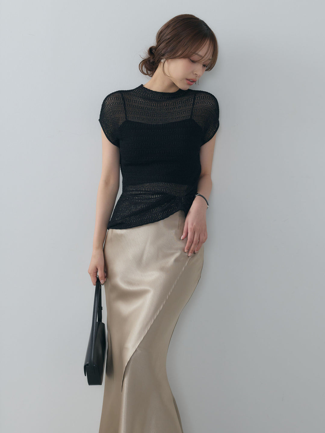 【SET】透かし編みプチネックサマーニットトップス+【Essential】Wrap design satin mermaid skirt(2set)