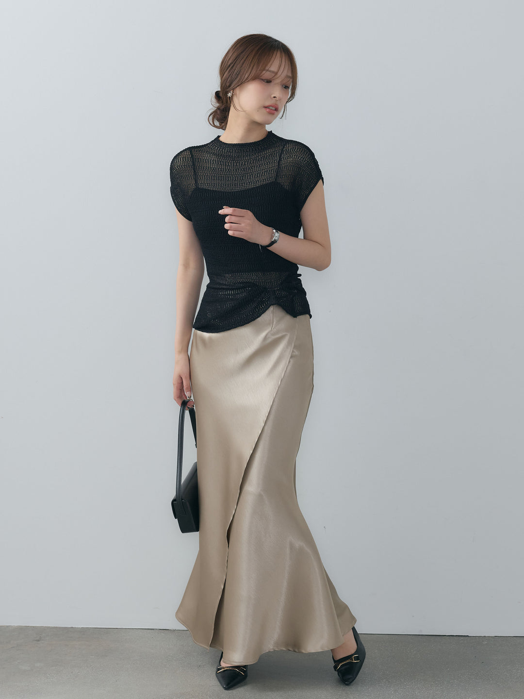 【SET】透かし編みプチネックサマーニットトップス+【Essential】Wrap design satin mermaid skirt(2set)