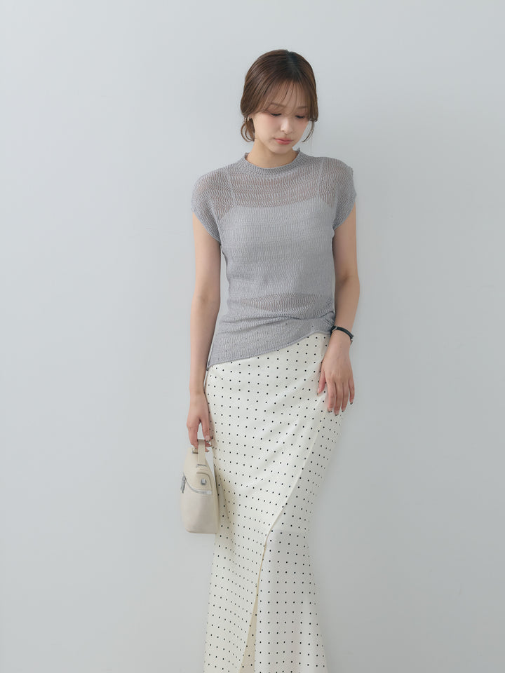 【SET】透かし編みプチネックサマーニットトップス+【Essential】Wrap design satin mermaid skirt(2set)
