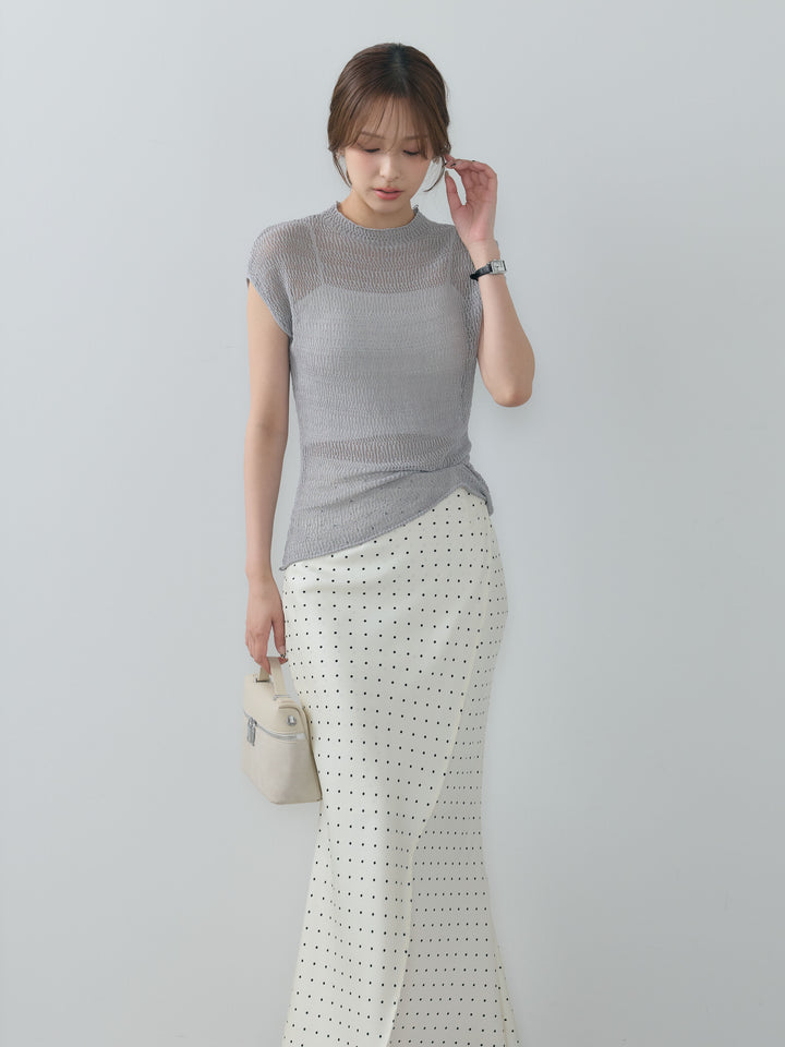 【SET】透かし編みプチネックサマーニットトップス+【Essential】Wrap design satin mermaid skirt(2set)
